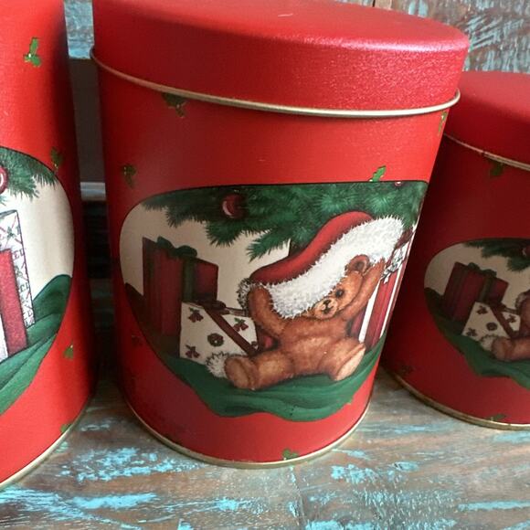 HOUSE OF LLOYD 1988 Nesting Tin 3pc Canister Set Teddy Bear Christmas Presents - Picture 3 of 15